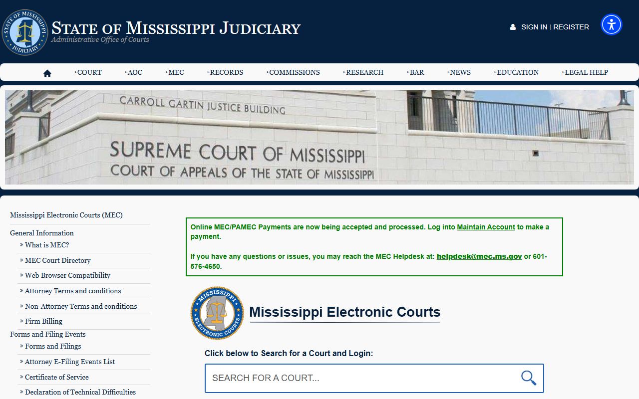 Mississippi Electronic Courts portal for Lamar County court records after arrest